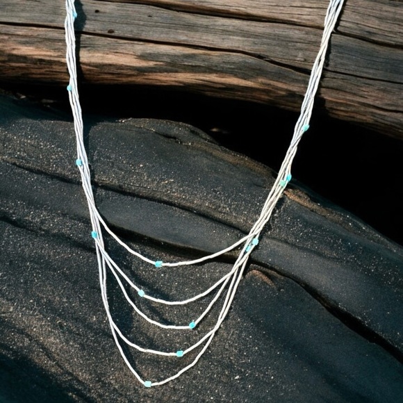 Native American 5-Strand Liquid Silver & Turquoise Beaded Waterfall Necklace - Picture 2 of 5